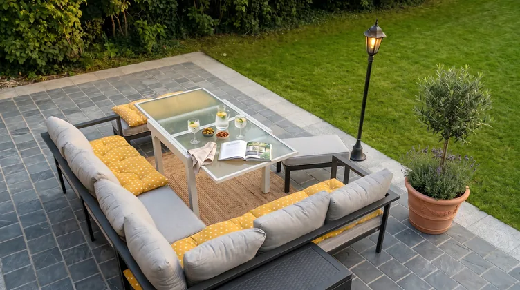 Vue aérienne du salon de jardin avec coussins jaunes sur la terrasse carrelée