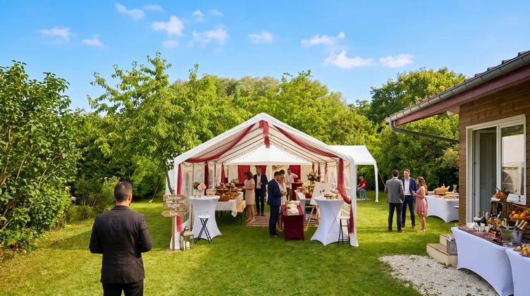 Réception en plein air sous chapiteau rouge et blanc dans le jardin avec invités